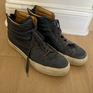 Auth BUSCEMI navy blue Leather Back Zip Lace Up Hi Top Fashion Sneakers Size 44